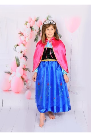 Butikhappykids Kız Çocuk Prenses Anna Kostümü Pelerinli Uzun Kollu Taç Hediyeli 3-10 Yaş Fuşya