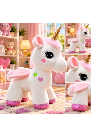 Kanatlı Boynuzlu Unicorn Pony Peluş Oyuncak 55 Cm Açık Mavi
