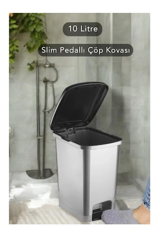 Slim Pedallı Banyo Mutfak Çöp Kovası 10 Litre Ergonomik Tasarım Plastik Malzeme İle Kullanışlı Gri