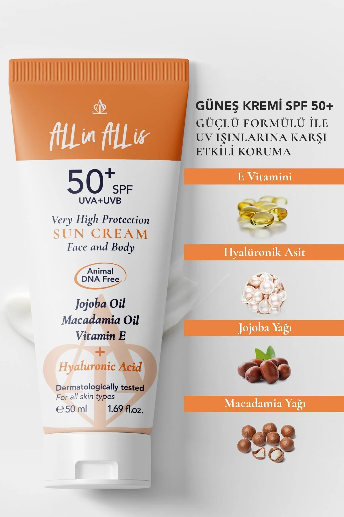 All İn All İs Hyalüronik Asit Ve Jojoba Yağı Içeren Spf 50+ Tüm Ciltler Için Yüksek Korumalı Güneş Kremi
