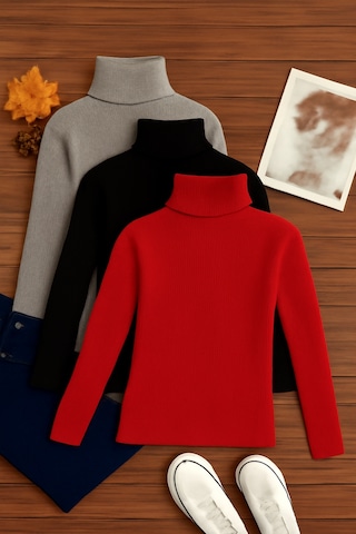 3'lü Paket Kadın Basic Tam Balıkçı Yaka Kazak Çok Renkli-3