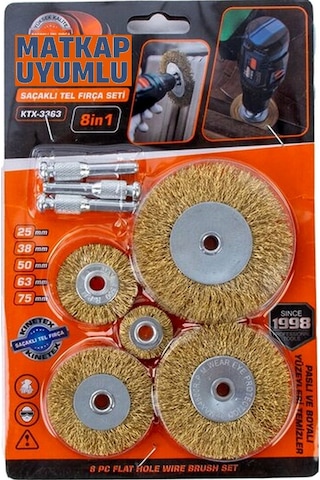Tel Matkap Hobi Fırça 5+3 Pim 8 Parça Set Tel Fırça Seti Matkap Ucu Tel Fırça Pas Kir Boya Temizleme