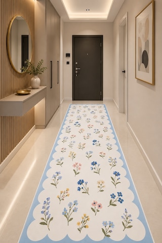 Renkli Floral Desen Mavi Çerçeveli Baskılı Kaymaz Yıkanabilir Salon Oturma Odası Mutfak Balkon Halısı Yolluk