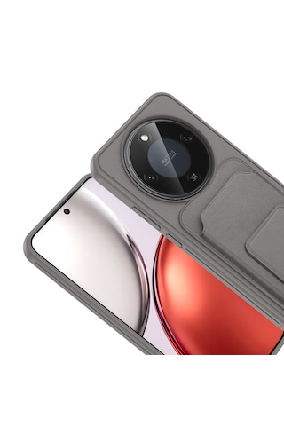 Honor Magic 8 Lite 5g Kılıf Arka Yüzey Kartlıklı Deri Doku Premium Silikon Standlı Özelliği Kapak Gri