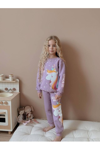 Kız Çocuk Unicorn Modelli 3 İplik Takım Lila