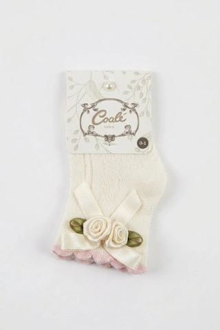 Cocole Socks Kız Çocuk Aksesuarlı Soket Çorabı Tekli Pamuklu Güllü Ekru Desenli