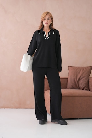 Park Karon Kadın Polo Yaka Yarım Pat Salaş Kazak Oantolon İkili Triko Takım Siyah