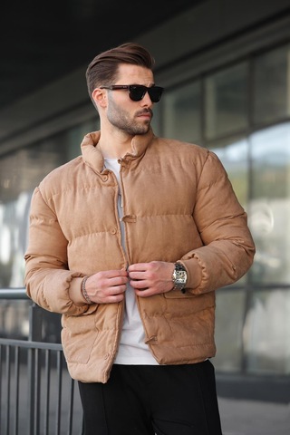 Madmext Camel Düğmeli Dik Yaka Erkek Şişme Mont E7435 Camel