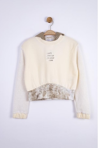 Kız Çocuk Kapüşonlu Triko Garnili Sweatshirt-13358-krem Krem