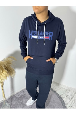 Say-Has Fashion Kapüşonlu Göğüs Baskılı Sweatshirt Lacivert