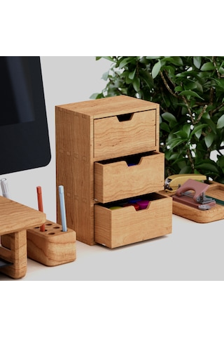 Desna Üç Katlı Üç Çekmeceli Mini Dolap - Kiraz 34 Cm Uzunluk X 12.1 Cm Derinlik X 27.2 Cm Woodsaka Doğal Ahşap