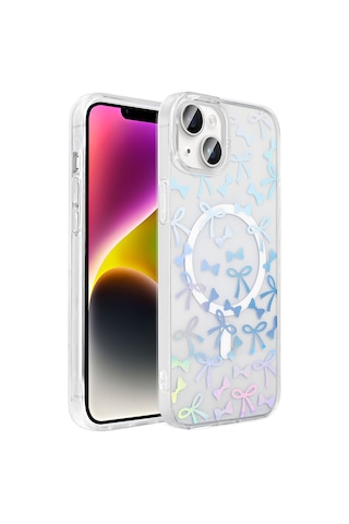 More Tr Apple Uyumlu iPhone 14 Kılıf M-safe Şarj Özellikli Şeffaf Zore Folk Sert Kapak - Kalp Beyaz