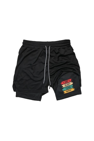 Hızlı Kuruyan 2in1 Yetişkin Unisex Eat Sleep Train Repeat Baskılı Taytlı Şort Fitness Gym Antrenman Siyah