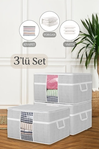 3'lü Mega Boy Pencereli Yorgan Hurcu - Yastık Yorgan Düzenleyici Saklama Hurcu 75 X 40 X 40 Cm Gri