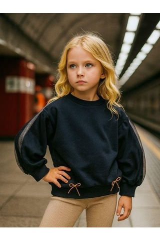 Kız Çocuk Pamuklu Kolları Tül Detaylı Fiyonklu Sweatshirt-16217 Siyah