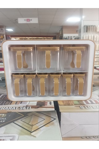Standlı 9lu Baharatlık Takımı Kaşıklı Ve Kapaklı Baharatlık Seti Gold