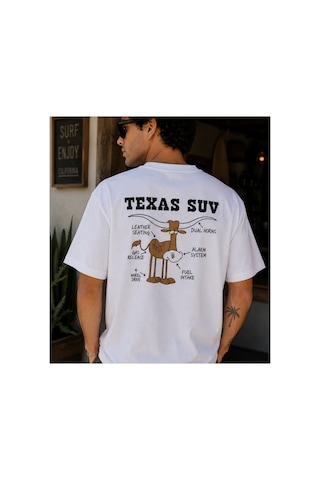 Qmen Style Unisex Beyaz Oversize Baskılı T-shirt Texsas Suv %100 Pamuk