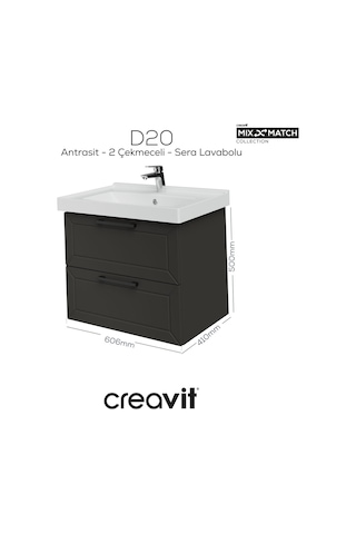 Creavit D20 65 Cm İki Çelmeceli Lavabo Dolabı Antrasit Lake Kapak Antrasit