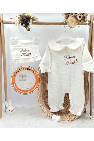 Gros Shop Yakalı Müslin 2'li Hastane Çıkış Mevlüt Seti %100 Pamuk Organik Kişiye Özgü İsimli Nakış Desenli Ekru