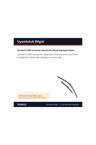 Trobus Citroen C4 2009 Ve Sonrası Uyumlu Ön Silecek Süpürgesi Takımı 700-650 Mm