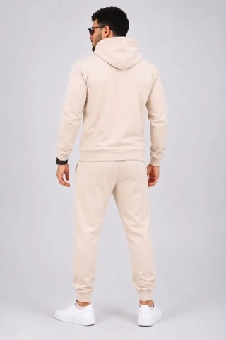 Veraura Lifestyle Erkek İki İplik Kapüşonlu Kanguru Cepli Sweatshirt Jogger Pantolon Alt Üst Eşofman Takımı -bej