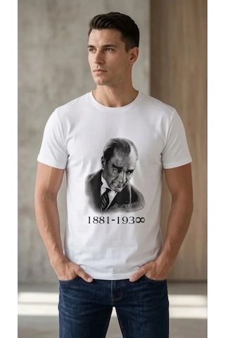 Dogutrend Erkek Atatürk Baskılı Tişört Kısa Kollu Bisiklet Yaka T-shirt - Beyaz