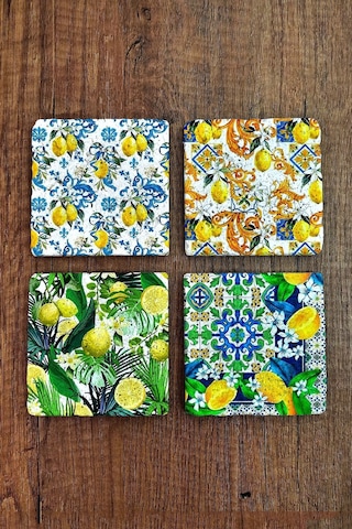 Doğaltaş Bardak Altlığı 4'lü Set -10x10x1 Cm Limon Desenler Baskılı - Stone Coasters Çok Renkli