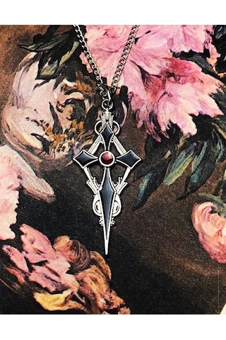 Gümüş Kaplama Siyah Ve Kırmızı Mineli Gotik Haç Kolye Çok REnkli