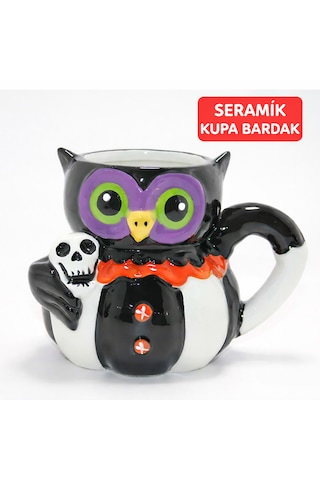 Kurukafa Tutan Baykuş Figürlü 3d Seramik Kupa Bardak Dekoratif Baykuş Kupa Sarı Siyah