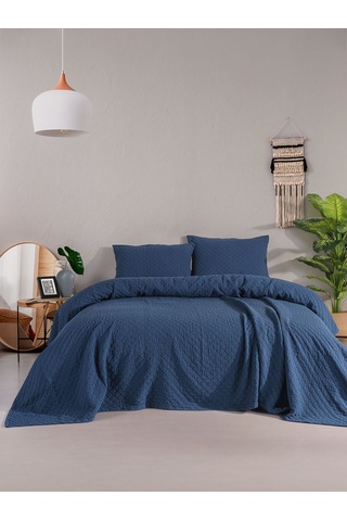 Cambridge Yatak Örtüsü Seti Çift Kişilik Koyu Mavi Kutulu Mavi
