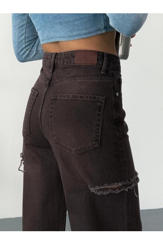 Kadın Kahverengi Taşlamalı Baggy Jean Yüksek Bel Kot Pantolon Denim Kumaş Yanlardan Lazerli Kahverengi+koyu Yıkamalı