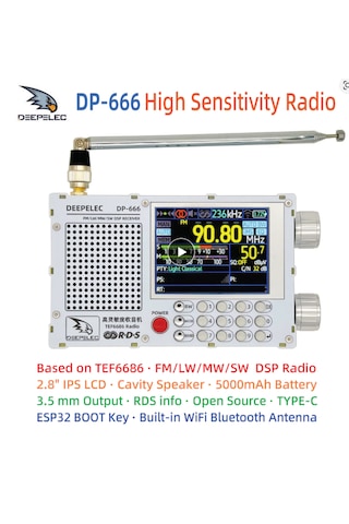 Dp-666 Deepelec Tef6686 Radyo Yüksek Hassasiyet Tam Bant Fm Am Lw Mw Sw Kısa Dalga Esp32 Rds 2,8 İnç Ips Lcd