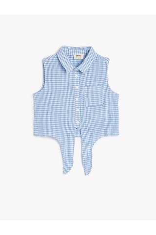 Koton Crop Kolsuz Gömlek Belden Bağlamalı Pötikareli Mavi Ekose 4skg60183aw Mavi
