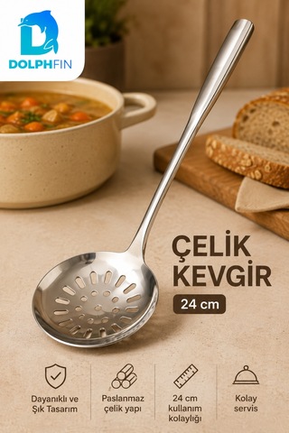 24 Cm Paslanmaz Çelik Delikli Kevgir Kaşık Süzgeç Servis Kepçesi Gümüş