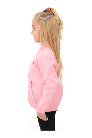 Toontoy Kız Çocuk Dik Yaka Fermuarlı Cepli Nakış Baskılı Örme Hırka - 2 İplik Şardonlu Pembe