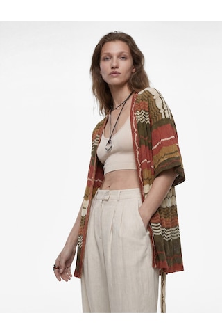 Koton Pointelle Örgü Kısa Kollu Kemerli Desenli Oversize Kimono Hırka Haki Desenli 6sak30075ek