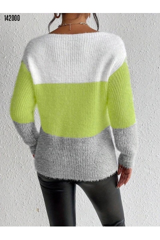 Yeni Sezon Kadın Kayık Yaka Uzun Kollu Triko Bluz Yeşil