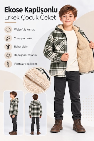 Ahengim Erkek Çocuk Ekose Kapüşonlu Fermuarlı Peluş Astarlı Ceket Mont Oduncu Gömlek Ak1665 Yeşil