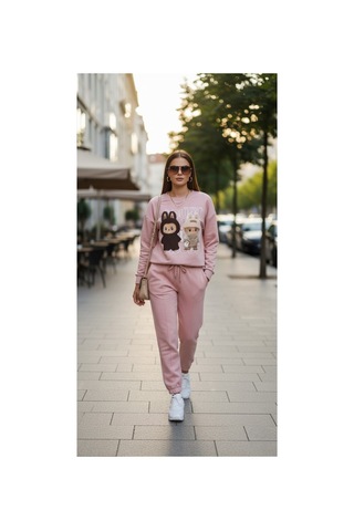 The Kadın Soft Touch Ayıcık Desenli %100 Pamuk Sweatshirt - Casual Fit- Krem/pembe Pembe