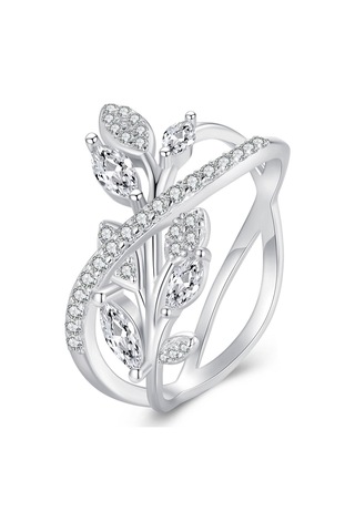 Bsr453-6 S925 Sterling Silver White Gold Plated Zircon Luxury Leaf Ring Çok Renkli