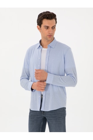Cacharel Açık Mavi Slim Fit Pamuk Karışımlı Alttan Biritli Fitilli Gömlek Denım
