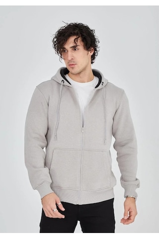 Luz&pos Erkek Tam Fermuarlı Kapşonlu Sweatshirt - Boyalı Gri Gri