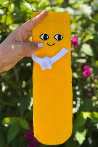 Lousocks Unisex Sarı El Ele Tutuşan Halay Çeken Sevimli Yüz Desenli Soket Çorap