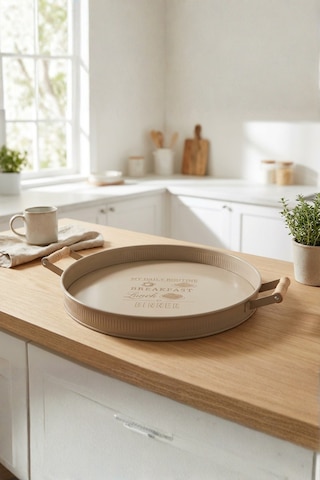 Ahşap Kulplu Yuvarlak Metal Servis Tepsisi 37 Cm Cappuccino