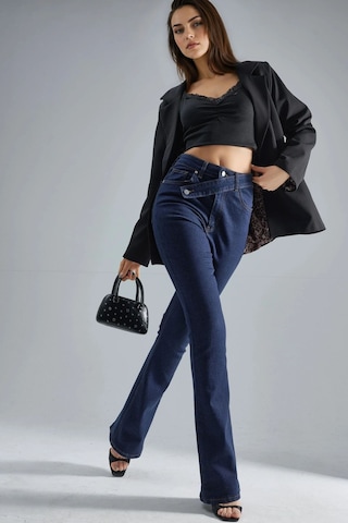 Hiccup Squalo Yüksek Bel Kemer Detaylı Flare Kot Pantolon Koyu Mavi Denim