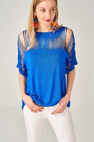 Kadın Lazer Kesim Saks Mavisi Bluz-Saks