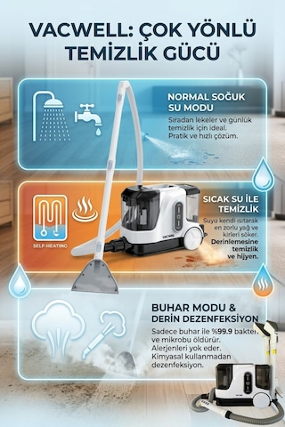 Vacwell Buharlı Halı Ve Koltuk Yıkama Makinası 2000w Cam Silme Aparatlı Vac13