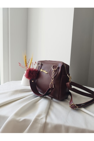 Vivazzaluxe Mini Boy Deri Puf Charm Detaylı El Omuz Ve Çapraz Çanta Bordo