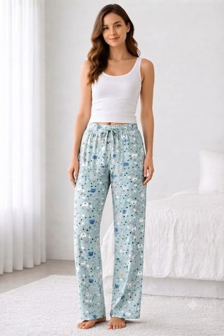 Viskon Pamuklu Kadın Deniz Mavisi Desenli Pijama Pantolon - Mg012 - Mudanis