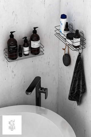 Siyah Yapışkanlı 2li Set Banyo Düzenleyici Şampuanlık Banyo Rafı Duş Rafı Organizer Duşakabinaskısı Siyah